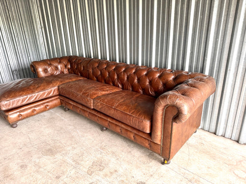 Restoration Hardware Down-Filled Kensington Leather Right-Arm Sofa-Chaise Sectional in Cocoa Brompton Leather